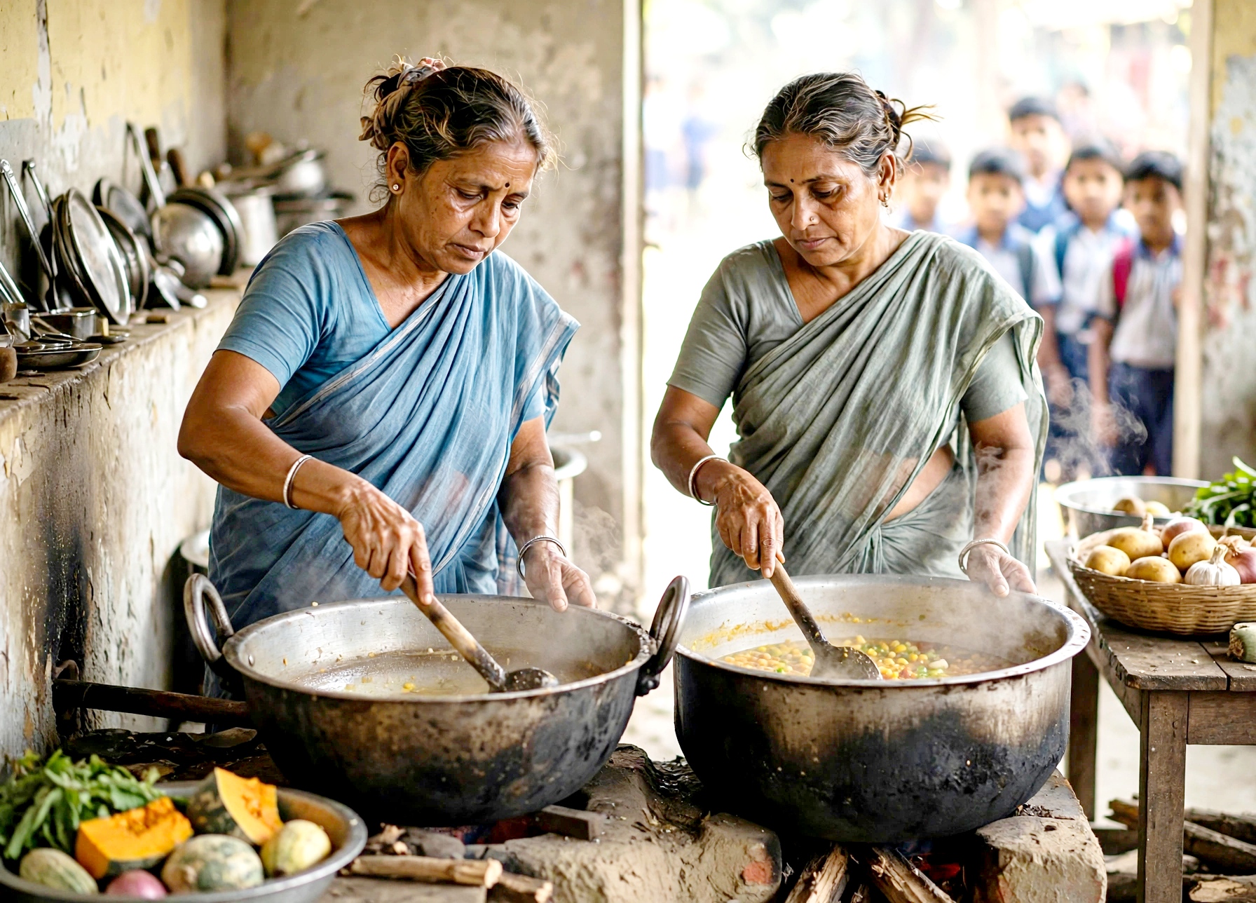 পশ্চিমবঙ্গের সরকারি ও সরকার-পোষিত স্কুলগুলিতে শিশুদের জন্য রান্না করা খাবার পৌঁছে দেওয়ার ব্যবস্থার সঙ্গে ওতপ্রোতভাবে জড়িয়ে রয়েছেন হাজার হাজার মহিলা রান্নাকর্মী (West Bengal school cooks)। সকাল থেকে স্কুলে এসে চাল-ডাল-সবজি প্রস্তুত করা, রান্না করা, পরিবেশন ও রান্নাঘর গুছিয়ে রাখার মতো একাধিক কাজ সামলান তাঁরা। কিন্তু এত গুরুত্বপূর্ণ দায়িত্ব পালনের পরেও তাঁদের পারিশ্রমিক নিয়ে দীর্ঘদিন ধরেই প্রশ্ন রয়েছে। অভিযোগ, কাজের সময় ও পরিশ্রমের তুলনায় তাঁদের প্রাপ্য অর্থ অত্যন্ত কম।