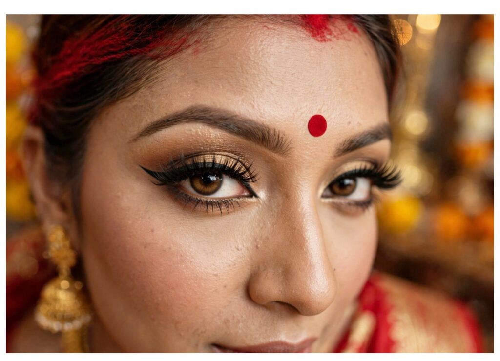 দুর্গাপুজোর সাজে স্মোকি আই মেকআপ, কালো কাজল, রঙিন আইলাইনার ও মেটালিক আইশ্যাডো ব্যবহারের কৌশল।