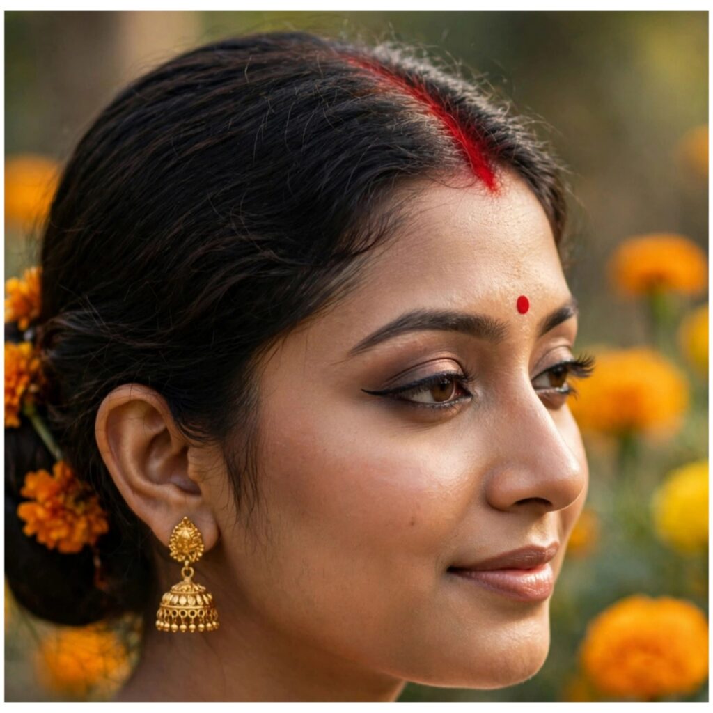 দুর্গাপুজোর সাজে স্মোকি আই মেকআপ, কালো কাজল, রঙিন আইলাইনার ও মেটালিক আইশ্যাডো ব্যবহারের কৌশল।