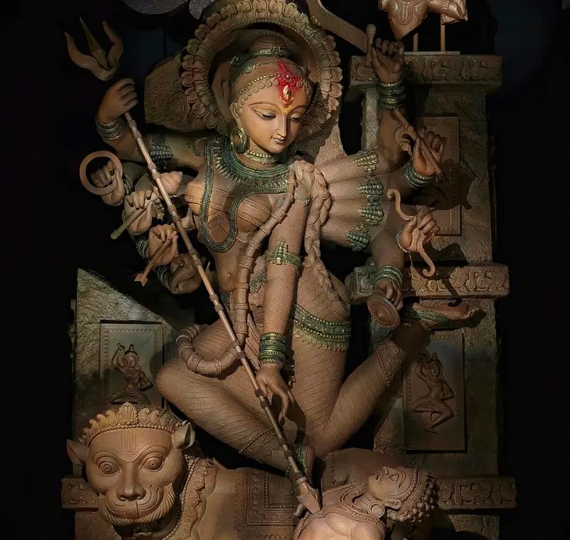 Barisha Club Durga Puja 2026 Kaalrekha theme inspired by ancient Indian pillar architecture